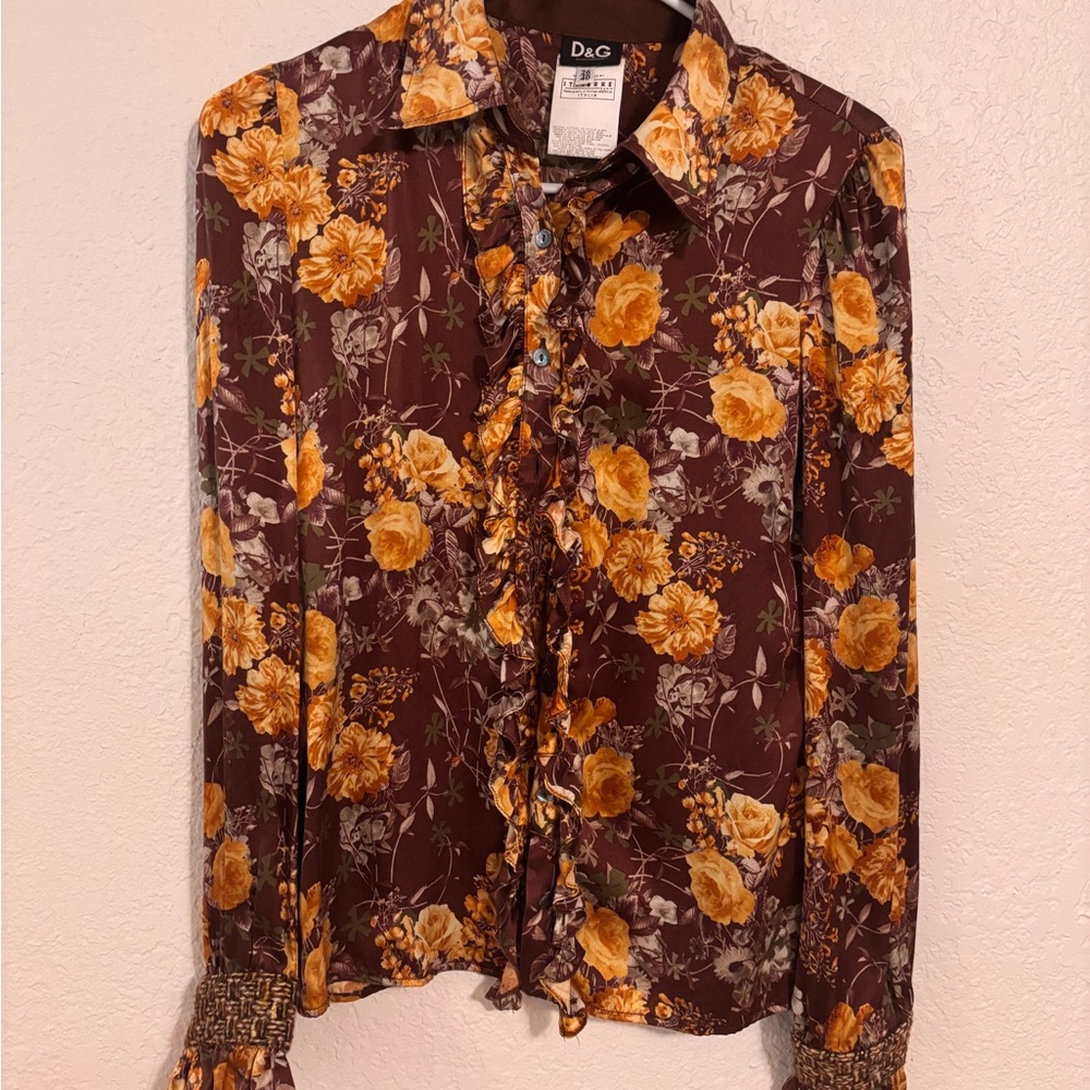 D&G Floral Blouse with Yellow and Brown Pattern